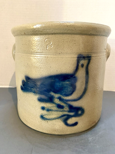 Lg Vintage Steinzeug Keramik #2 Topf, blaue Glasur handbemalt Vogel Design