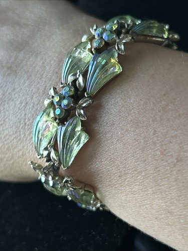CORO Vtg AB RHINESTONE CABOCHON IRIDESCENT SHELL LEAF BRACELET 6.5” Mermaid - Picture 14 of 17