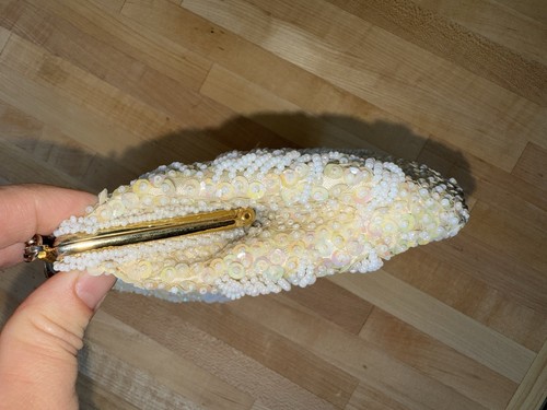 Vintage 50s Ivory Beaded Clutch Purse Kiss Lock Clasp Chain Strap Deco Formal - Picture 14 of 16