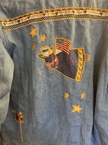 QUACKER FACTORY Vintage Americana Patch Embroidery Denim Jacket Med Cat Angel - Picture 7 of 8