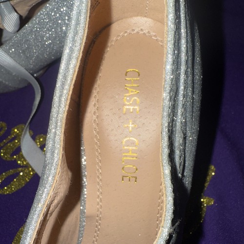 6-size 9 Chase + Chloe Silver Glitter Mary Jane Heels With Ribbon Tie Front - Picture 5 of 6