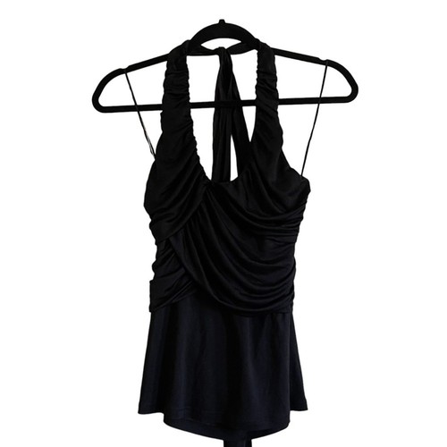 Neu mit Etikett House of Deréon - Vintage Beyoncé schwarzes Seiden-Neckholder-Top Größe L - Bild 3 von 7
