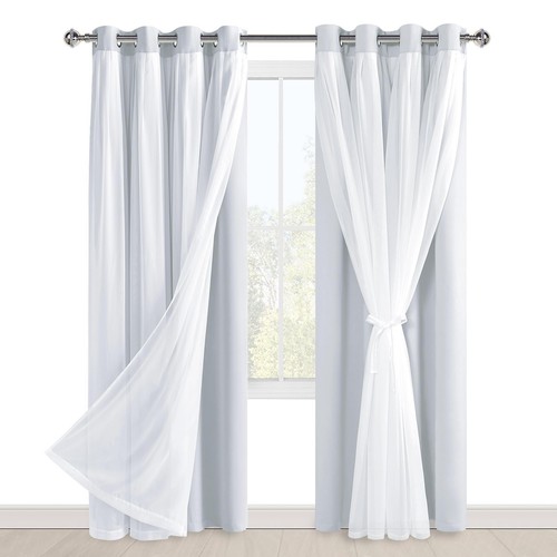 Greyish White Blackout Curtains with Sheer Overlay, Grommet Thermal Insulated... - Picture 7 of 8
