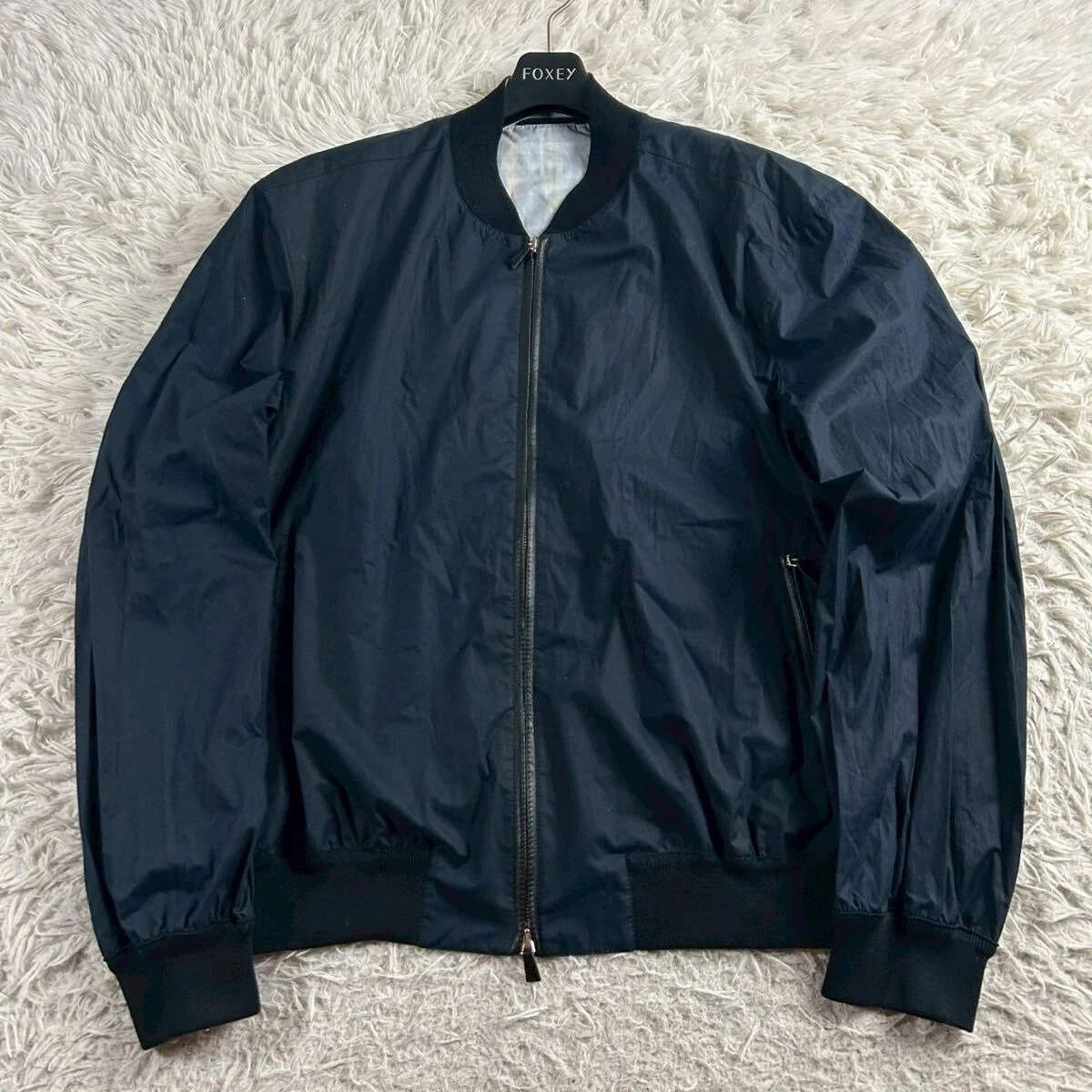 Ermenegildo Zegna Navy Leather-Trim Zip Blouson Jacket 50 Lightweight Italy - product detail image 2