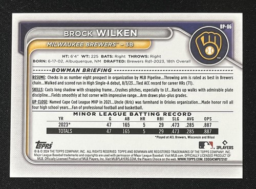 Bowman #BP-86 2024 Brock Wilken Prospects Milwaukee Brewers - Imagen 2 de 2