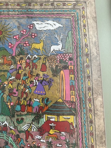 Großes Amate Rinden Gemälde Mexiko Volkskunst lebendige Farben gerahmt 2001 34”x22” - Bild 5 von 9