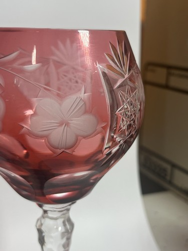 Nachtmann Traube Cranberry Cut To Clear Crystal Wine Glasses (2) Bohemian 8” - Picture 9 of 24