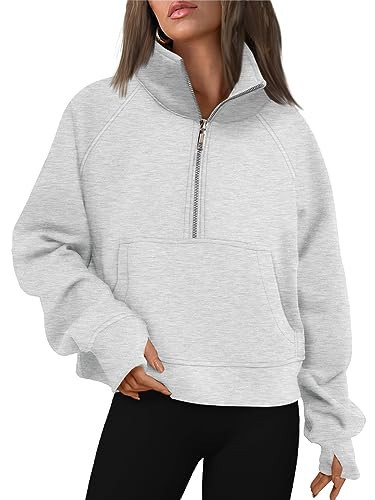 Womens Sweatshirts Half Zip Cropped Pullover Fleece Quarter Zipper Medium Grey - Picture 2 of 6