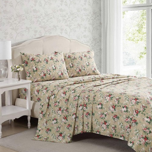 Laura Ashley Ashfield 4-Piece Beige Cotton Full Sheet Set - Imagen 8 de 8