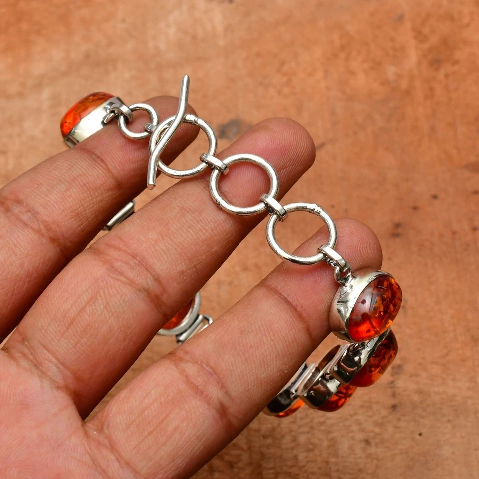 Brazalete de joyería hecha a mano de plata de ley 925 con piedras preciosas de ámbar báltico (creado en laboratorio) Foto 3 de 4