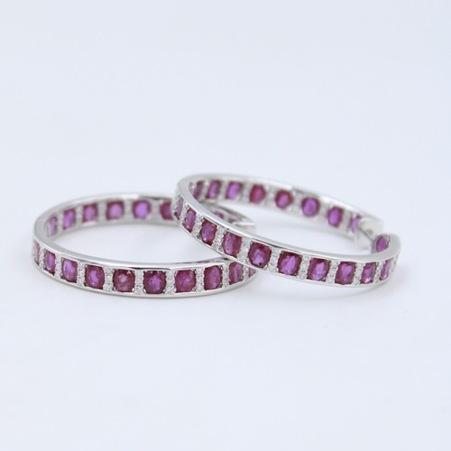 Statement 14.15 TCW Natural Ruby & Diamond Inside Out Hoop Earrings in 14K Gold - Picture 1 of 9