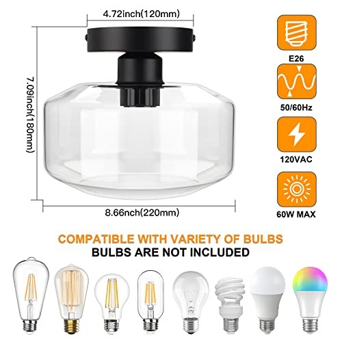 Industrial Semi Flush Mount Ceiling Light, Clear Glass Pendant Lamp Shade, - Picture 3 of 7