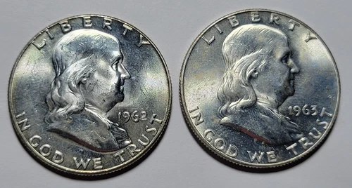 1962-P 1963-D FRANKLIN Half Dollar 50c Cents 90% Silver 2-COIN Lot Hi Grade BUnc