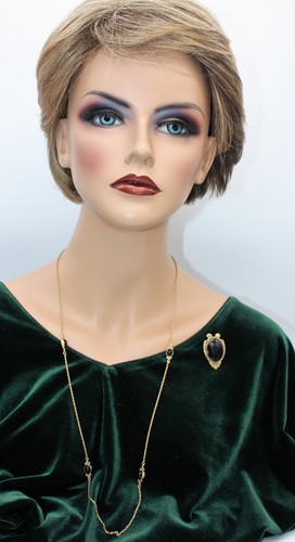 VINTAGE "1928" goldfarbene lange Onyx Stationen Halskette mit offener Lünette und Onyx Brosche - Bild 4 von 12