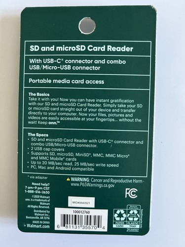 onn. SD & micro-SD Card Reader 20MB/sec read, 25 MB/sec write - Picture 2 of 8