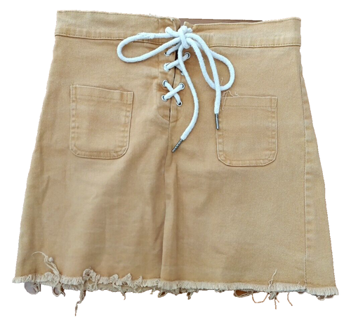 Denim Pocket Shoe String Lace Fly Distress Fray Raw Hem Mustard Short Skirt M - Picture 2 of 8