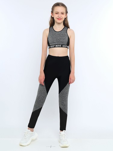 Kid Girls Workout Gym Dance Outfit Set Round Neckline Yoga Sports Top+Long Pants - Picture 28 of 43