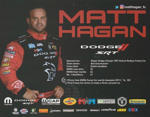 2021 Matt Hagan Mopar Dodge SRT Charger Funny Car NHRA Hero Card - Picture 2 of 2