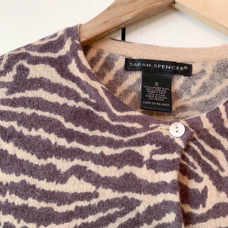 Sarah Spencer Brown Animal Print Wool Angora Cardigan Women Small Mob Wife - Image 3 of 4