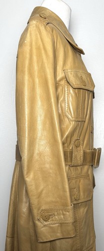 70s Gorgeous Leather Trench Coat Women Sz 42 Camel Leather Belted Patch Flap Vtg - Picture 7 of 13