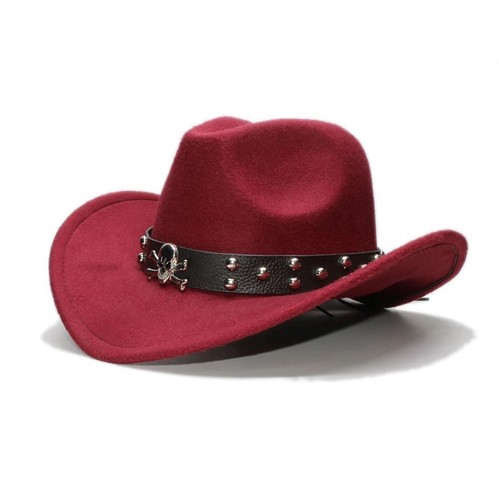 Weinrot, weinrot, Western Totenkopf Cowboy, Cowgirl Hut, Herren Damen Retro breite Krempe - Bild 4 von 5