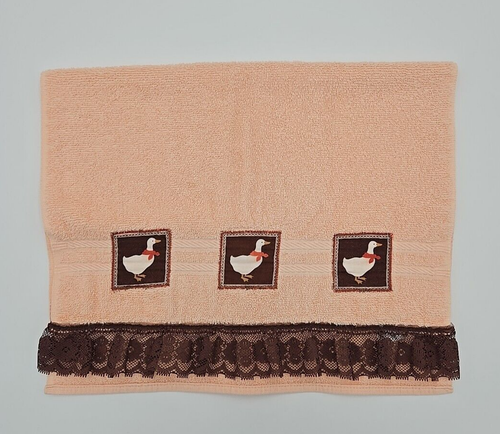 Vtg West Point Pepperell Hand Towel Peachy Coral USA Retro Brown Lace Ducks - Picture 3 of 5