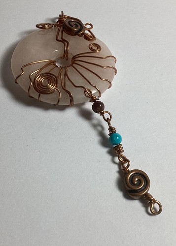 NECKLACE ENHANCER COPPER WRAPPED PINK QUARTZ WITH DANGLE TURQUOISE ACCENT - Picture 6 of 8