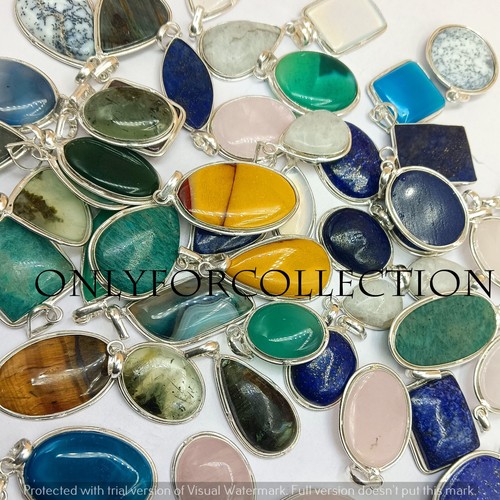 Blue Banded Agate & Mix Gemstone 925 Sterling Silver Plated Design Pendant Lot - Picture 4 of 4