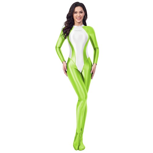 AMORESY Women Glossy Satin Breathable Tracksuit Patchwork Tights Sports Jumpsuit - Picture 12 of 28