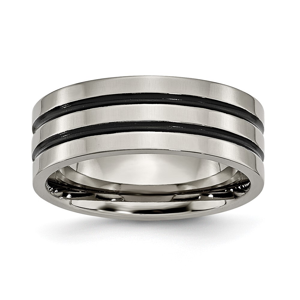 Titanium Polished Black Enamel Grooved 8mm Flat Band Ring Size 8