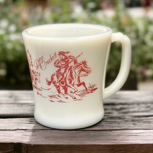 Vintage FIRE-KING DAVY CROCKETT MilkGlass MUG Red Print HORSES COVERED WAGON 50s - Picture 19 of 23