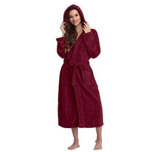 Women Hooded Fleece Bathrobe Lightweight Soft Plush Long Flannel Sleepwear - Picture 31 of 32