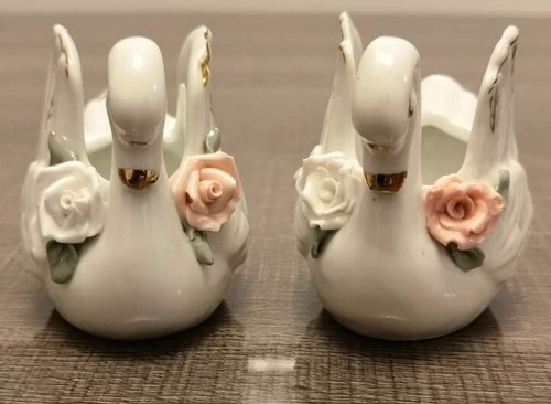 Pair of Vintage White Swan Bone China Planters trinkets storage roses swans - Picture 2 of 11