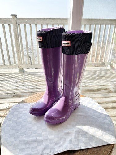 Hunter Original Thistle Glossy Tall Rubber Rain Boot 8M Includes Matching Socks! - Picture 7 of 20
