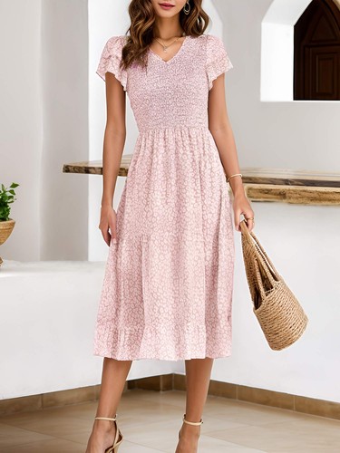 Women Casual Summer Short Ruffles Tiered Sleeve Midi Dresses V Neck Long Dresses - Picture 9 of 14
