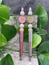 2 PC Handmade Silicone Wood Bead Rhinestone Black Ink Pen Set New Flower A3623