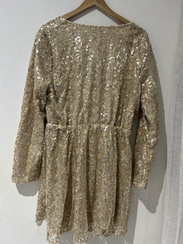 NWOT Boohoo Sequin Wrap Skater Party Dress Women's 18 Gold Event - Picture 13 of 15