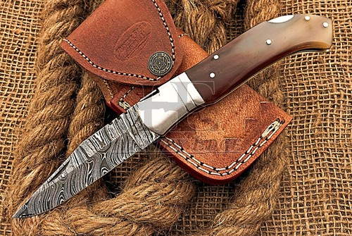 HUNTEX Handmade Damascus Blade, Bull Horn Handle, 90 mm Hunting Lagouli Knife - Picture 2 of 10