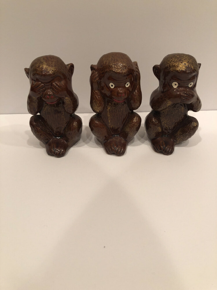 マイケル・ルー 3 no evils II (見にゃい 聞かにゃい 言わにゃい) Three Vintage Ceramic Monkeys Japan See No Evil Speak No Evil Hear