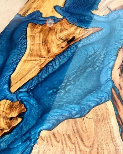 Epoxy Table Top Dine Sofa Center Blue Resin Acacia Designer Furniture Patio Deco - Picture 2 of 3