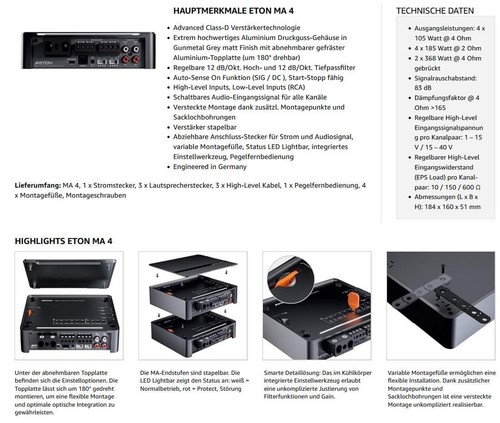 Eton MA4 Amplificatore 4 Canali Mini Amplificatore 740W per Auto Camper - Foto 12 di 12