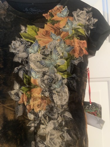 In Vein Top schwarz Blumen Strass Glitzer Struktur Größe L Neu mit Etikett - Bild 2 von 4