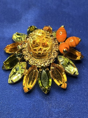 Vintage Juliana Brooch Molded Glass *Verified* Orange Yellow Greens Navette 1749