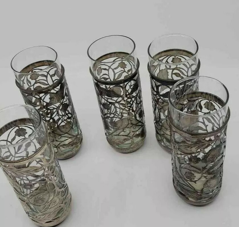 Amazing Set of 5 Vintage Large Sterling Silver Glass Tumblers
