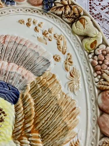 Vintage Large Raised Ceramic Colorful Turkey Platter Hand Painted Japan 18.5” - Picture 5 of 9