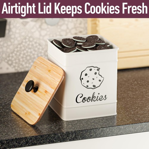 Cookie Jar with Airtight Bamboo Lid - 6"WX6"DX8"H White Iron Tin Large Jars Lids - Picture 4 of 6