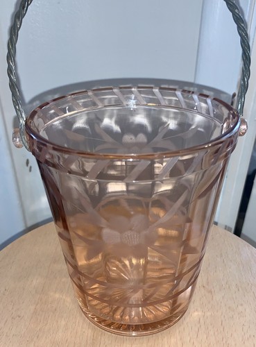 Vintage rosa Depression Glas geätzt Blumenmuster Eiskübel mit Zangen - Bild 6 von 14