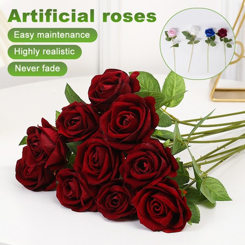 Ramo de boda 10/20X flores realistas de seda rosas rojas artificiales regalo romántico - Imagen 2 de 25
