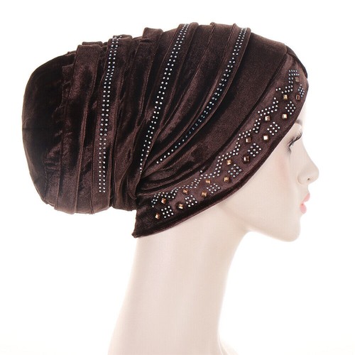 Women Muslim Hats Turban Velvet Head Cover Rhinestone Cancer Chemo Baggy Caps - Picture 9 of 60