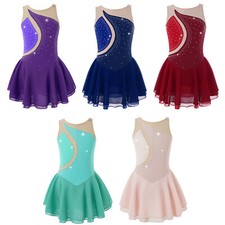 Girls Rhinestones Figure Ice Skating Dress Dance Leotard Competition Costumes